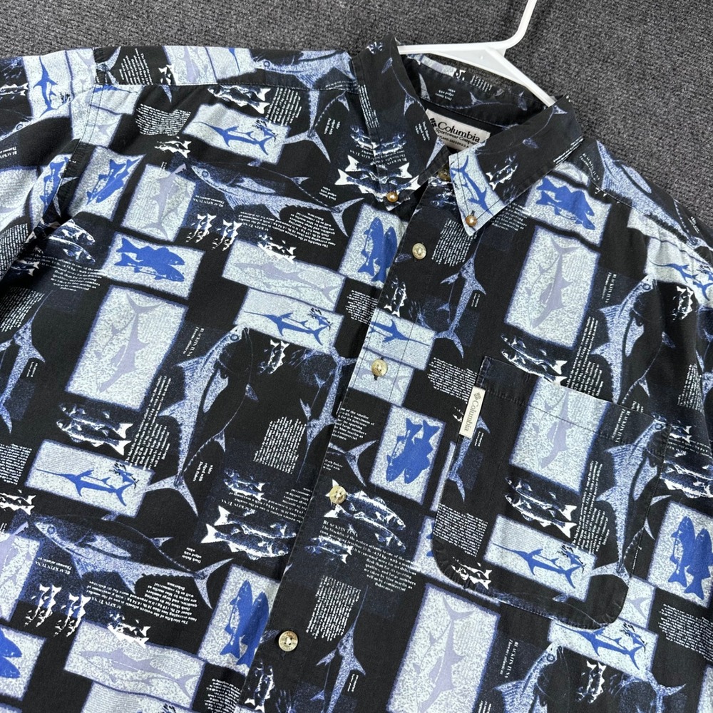 Columbia Button Down Mens XXL 2XL Blue Black Fish Print Fishing Shirt‎ AM7650